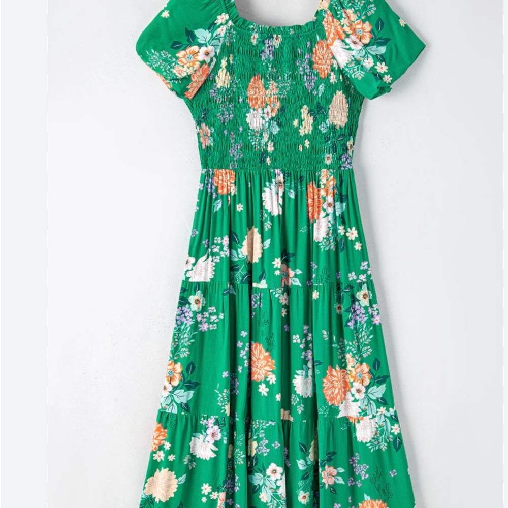 Floral Bubble Sleeve Smocked Tiered Green Midi Dress